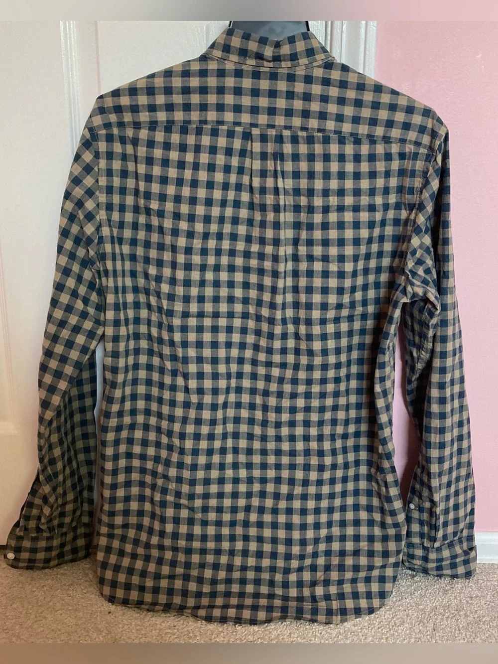 J. Crew Men's Button-Down Checkered Shirt in Navy and Tan Pattern
